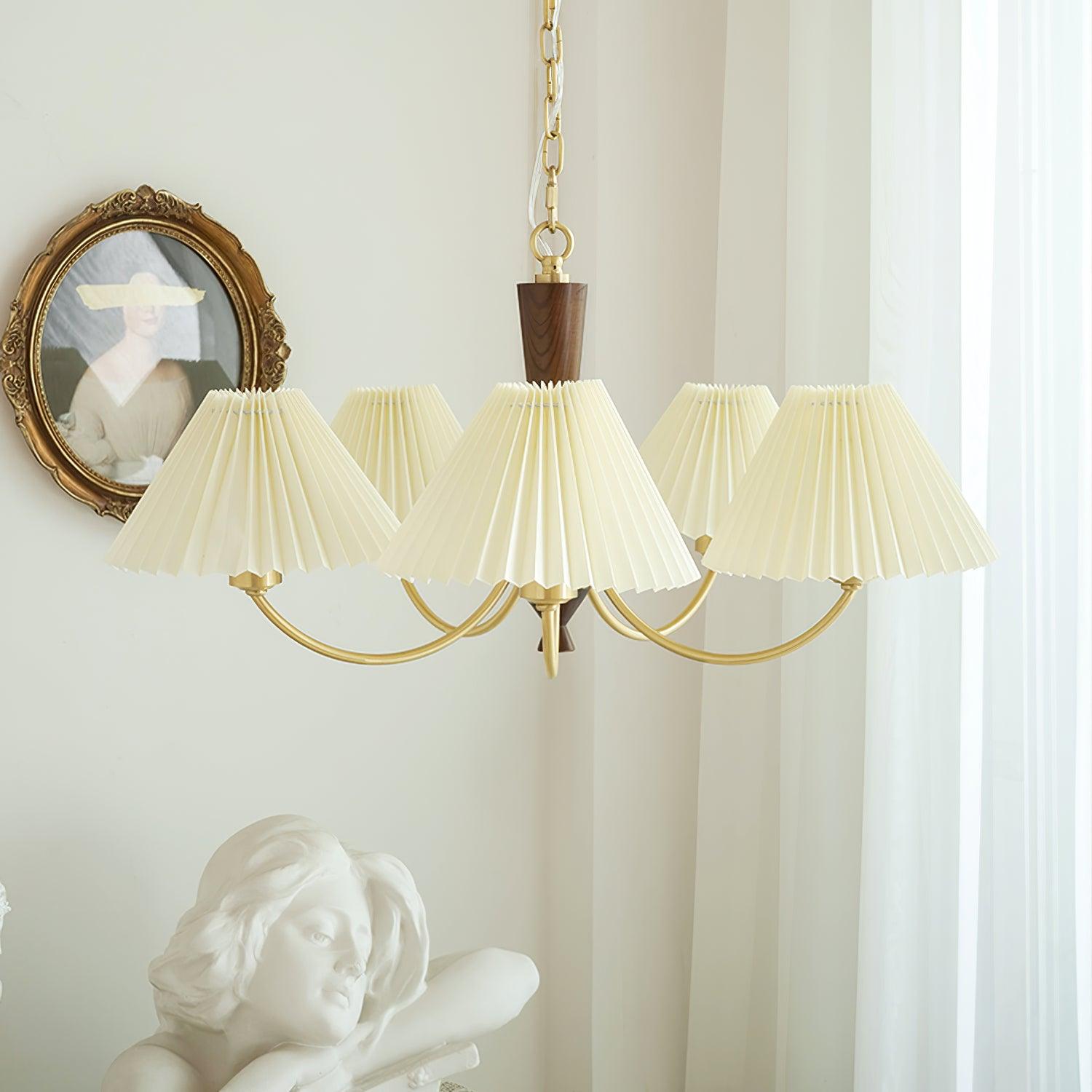 Elegant Mid Century Brass and Walnut Wood Chandelier with White Pleated Fabric Shades