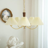 Elegant Mid Century Brass and Walnut Wood Chandelier with White Pleated Fabric Shades