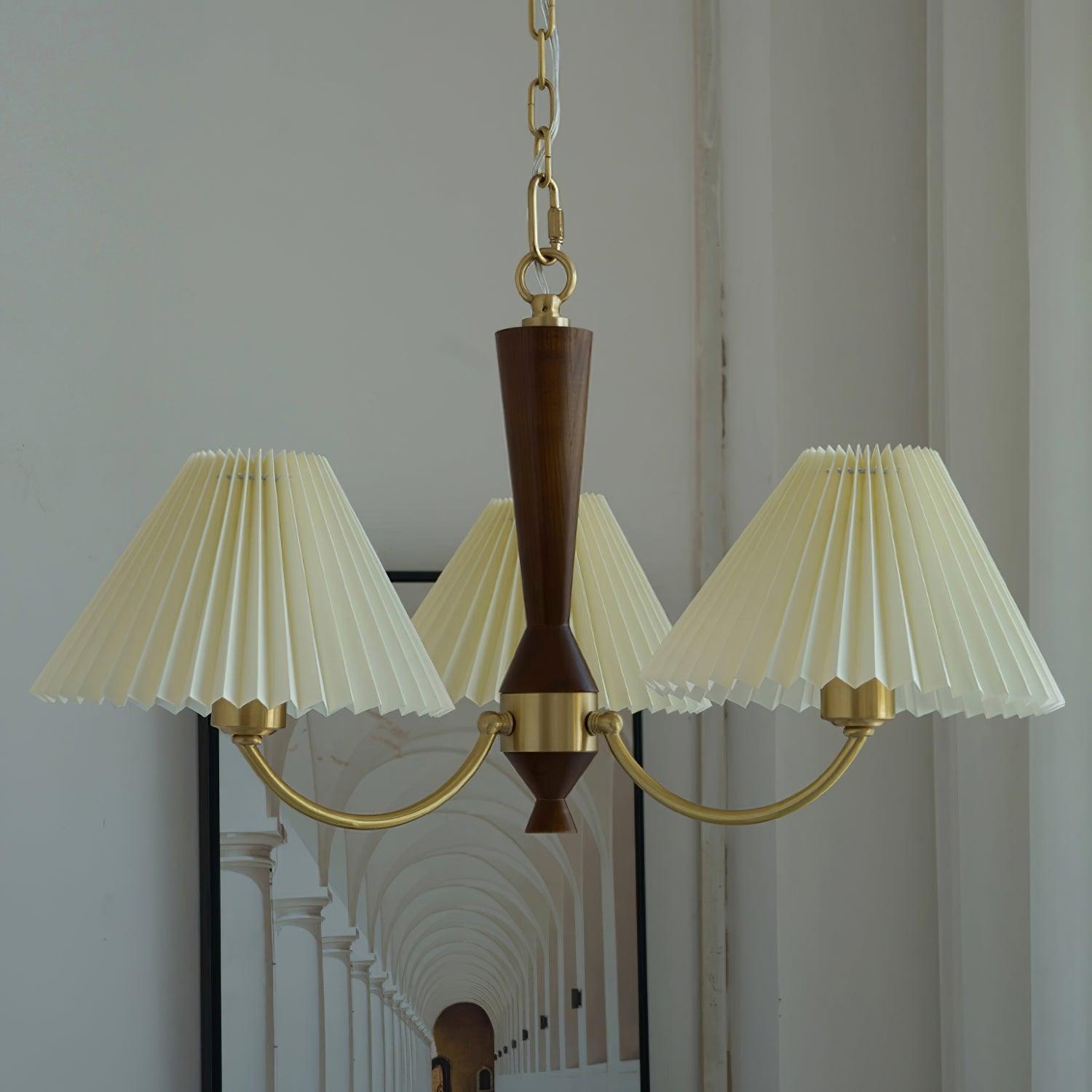 Elegant Mid Century Brass and Walnut Wood Chandelier with White Pleated Fabric Shades