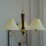 Elegant Mid Century Brass and Walnut Wood Chandelier with White Pleated Fabric Shades