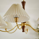 Elegant Mid Century Brass and Walnut Wood Chandelier with White Pleated Fabric Shades