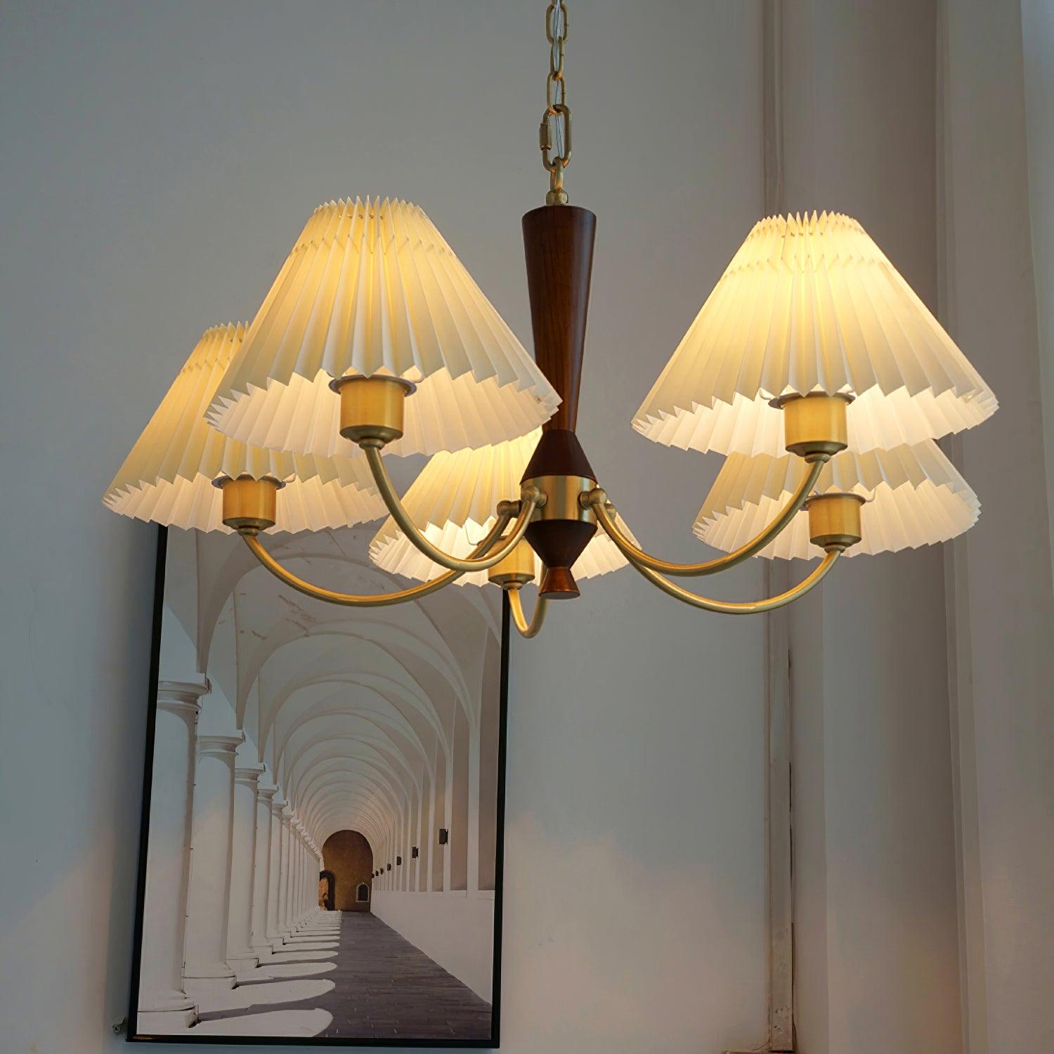 Elegant Mid Century Brass and Walnut Wood Chandelier with White Pleated Fabric Shades
