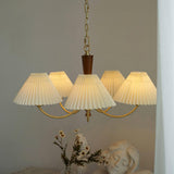 Elegant Mid Century Brass and Walnut Wood Chandelier with White Pleated Fabric Shades