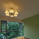 Elegant Mid Century Brass and Walnut Wood Chandelier with White Pleated Fabric Shades