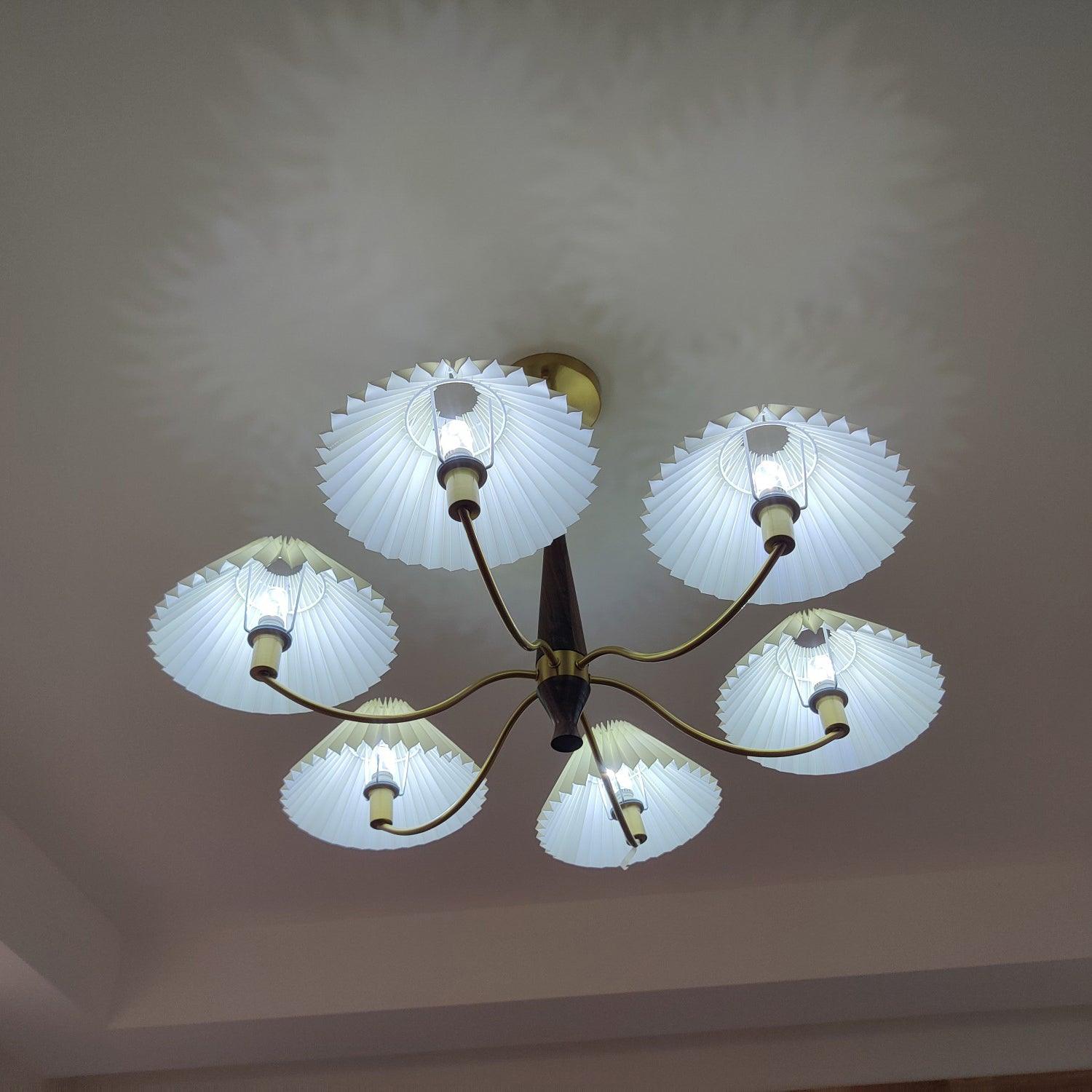 Elegant Mid Century Brass and Walnut Wood Chandelier with White Pleated Fabric Shades