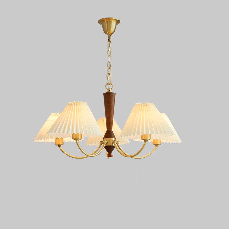 Elegant Mid Century Brass and Walnut Wood Chandelier with White Pleated Fabric Shades