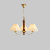 Elegant Mid Century Brass and Walnut Wood Chandelier with White Pleated Fabric Shades