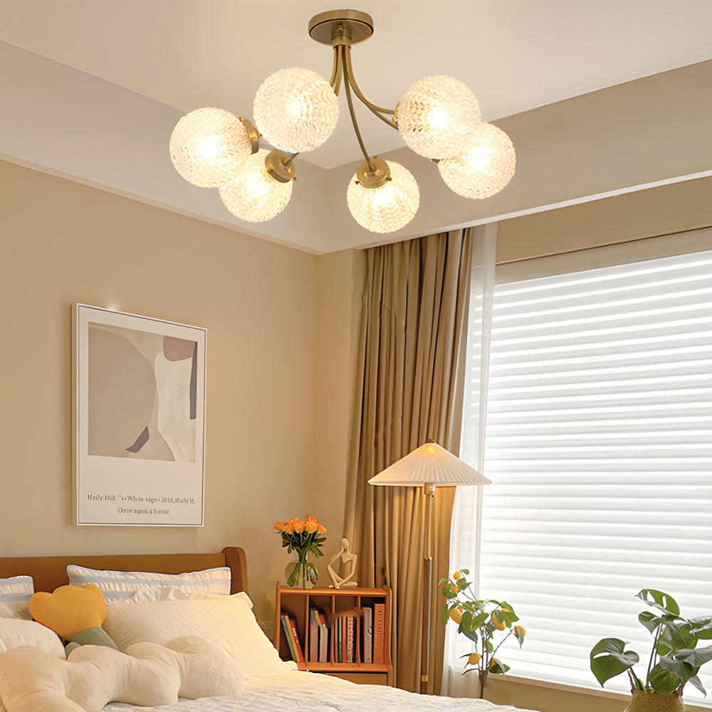 Elegant Modern Brass Semi Flush Mount Ceiling Light with Carved Glass Shades 6 and 8 Light Options