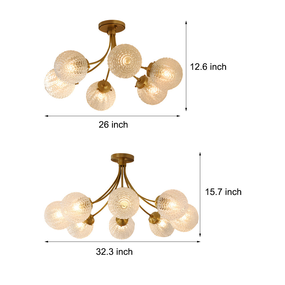 Elegant Modern Brass Semi Flush Mount Ceiling Light with Carved Glass Shades 6 and 8 Light Options