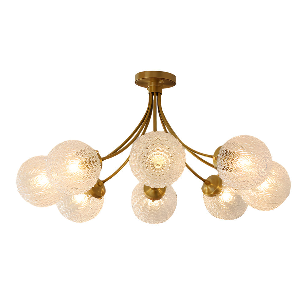 Elegant Modern Brass Semi Flush Mount Ceiling Light with Carved Glass Shades 6 and 8 Light Options
