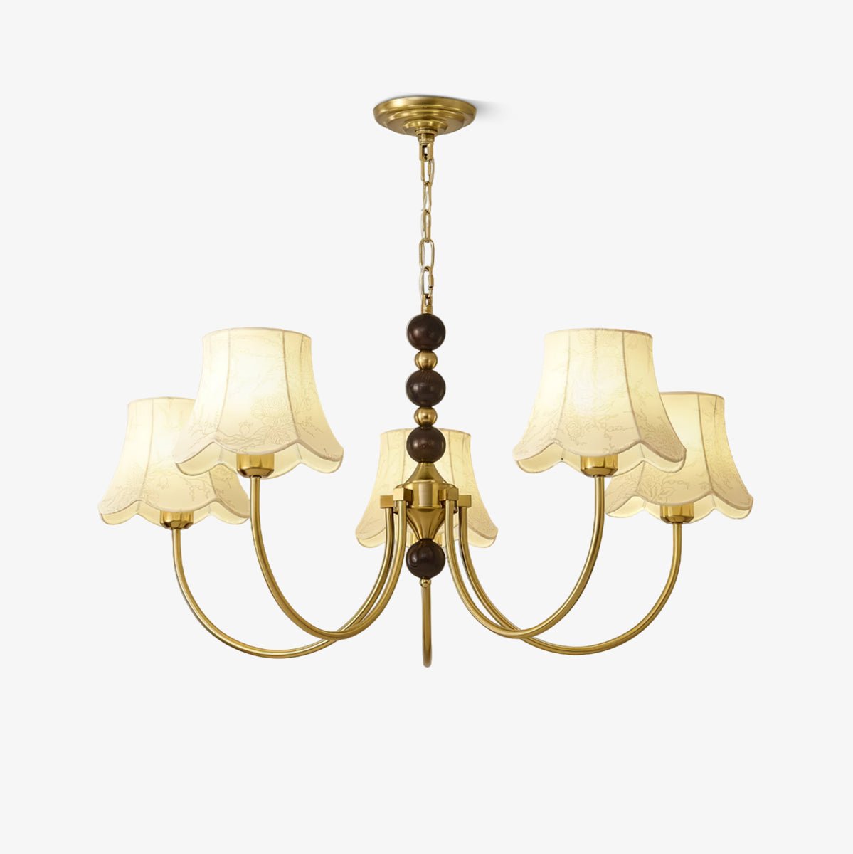 Elegant Modern Chandelier with White Fabric Shades and Walnut Wood Accents