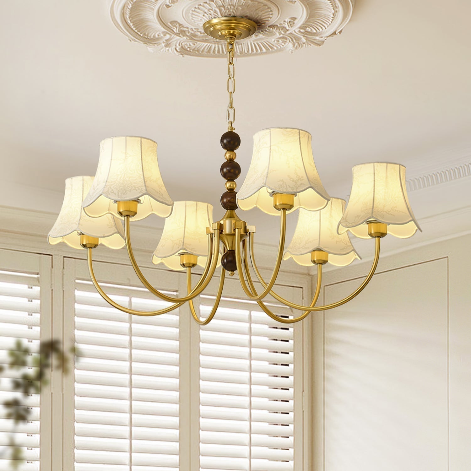 Elegant Modern Chandelier with White Fabric Shades and Walnut Wood Accents