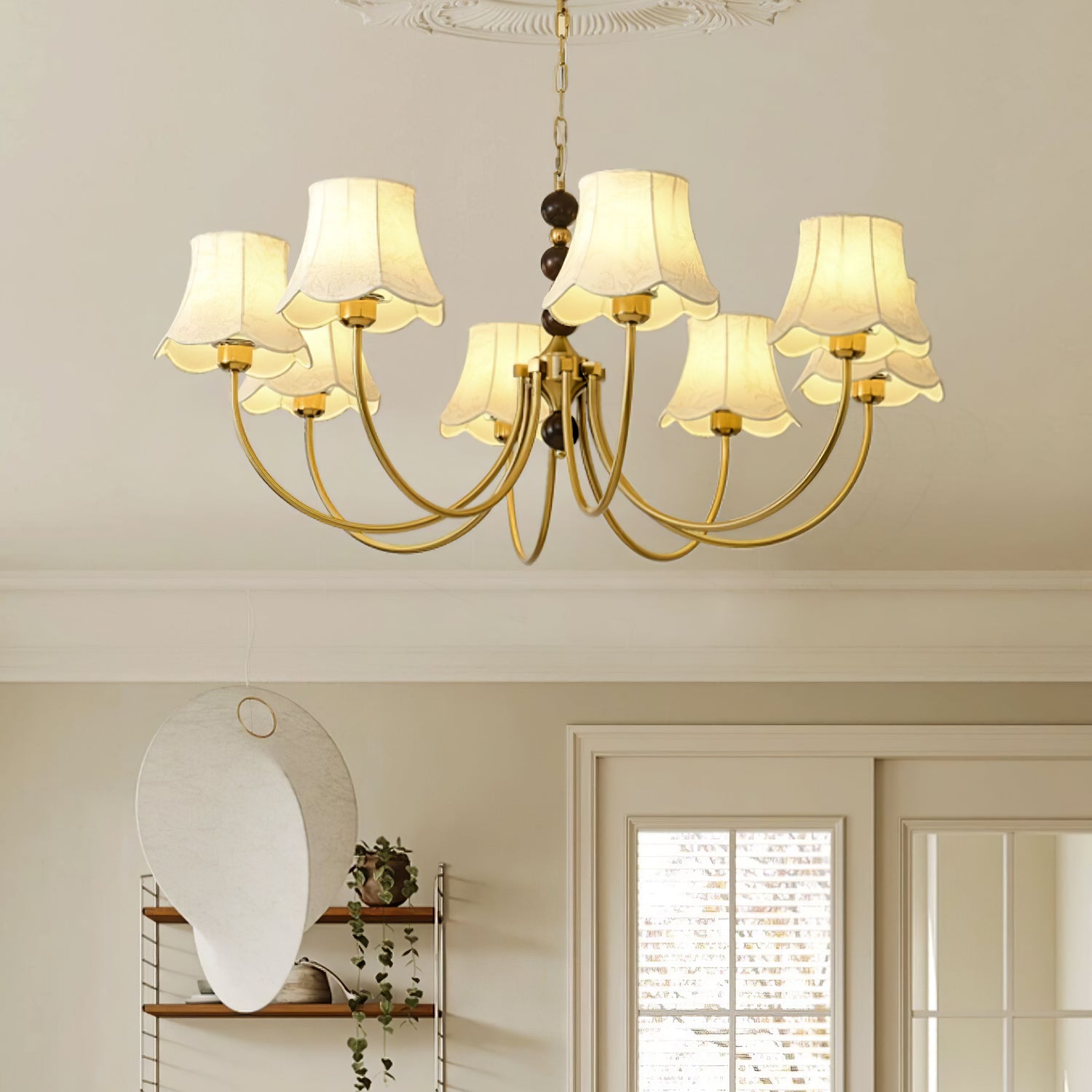 Elegant Modern Chandelier with White Fabric Shades and Walnut Wood Accents