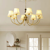 Elegant Modern Chandelier with White Fabric Shades and Walnut Wood Accents