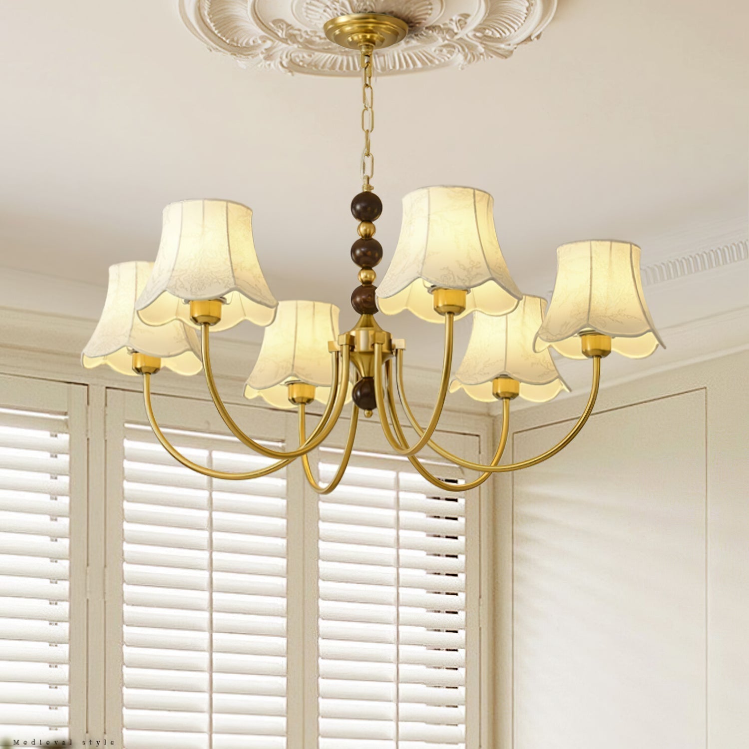 Elegant Modern Chandelier with White Fabric Shades and Walnut Wood Accents