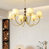 Elegant Modern Chandelier with White Fabric Shades and Walnut Wood Accents