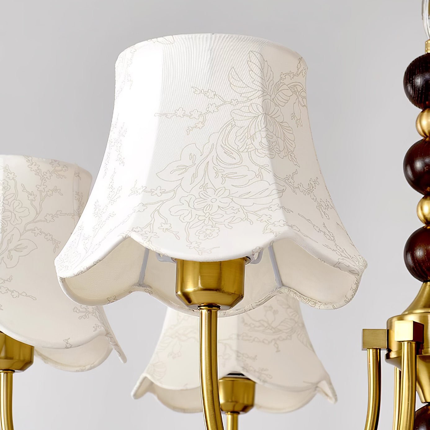 Elegant Modern Chandelier with White Fabric Shades and Walnut Wood Accents