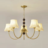 Elegant Modern Chandelier with White Fabric Shades and Walnut Wood Accents