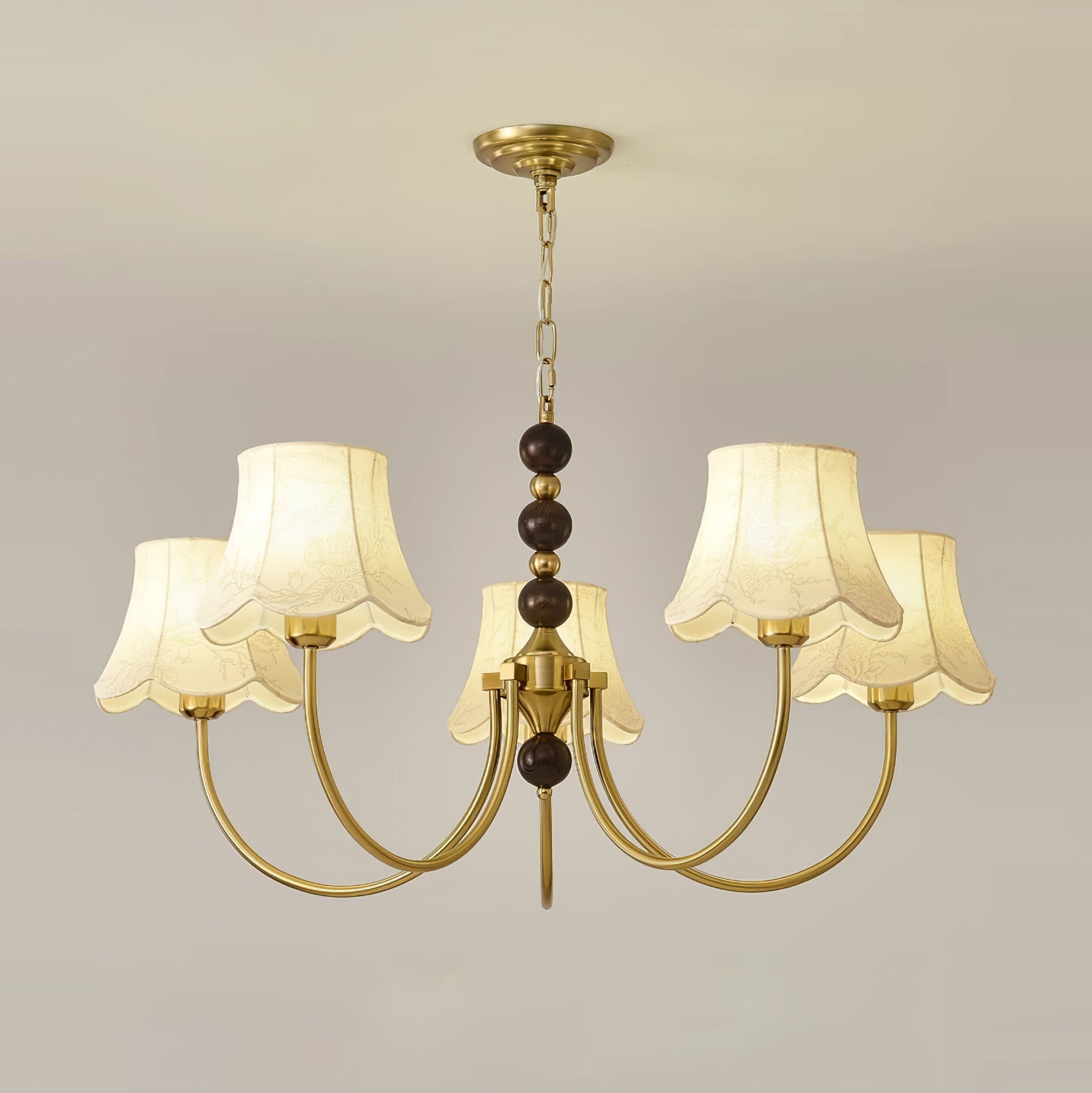 Elegant Modern Chandelier with White Fabric Shades and Walnut Wood Accents