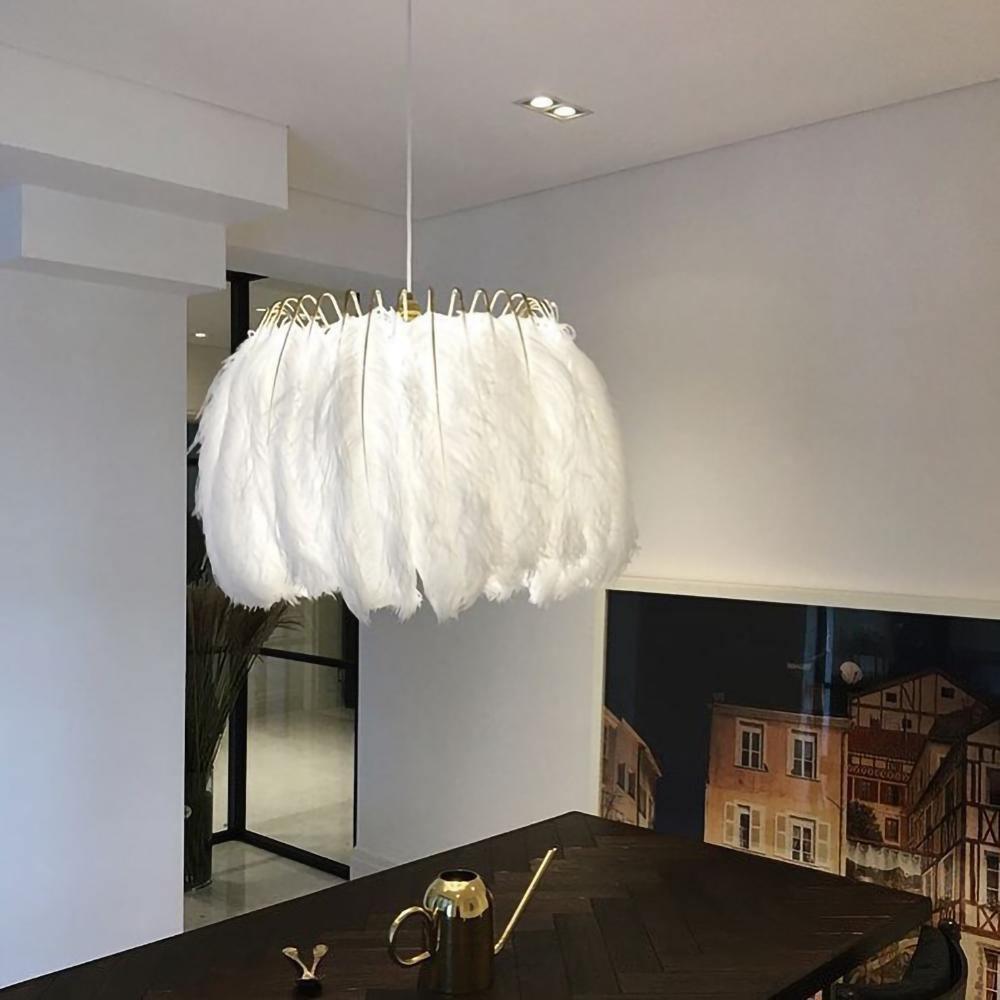 Elegant Modern Feather Pendant Light with Gold Metal Frame for Bedroom and Living Room