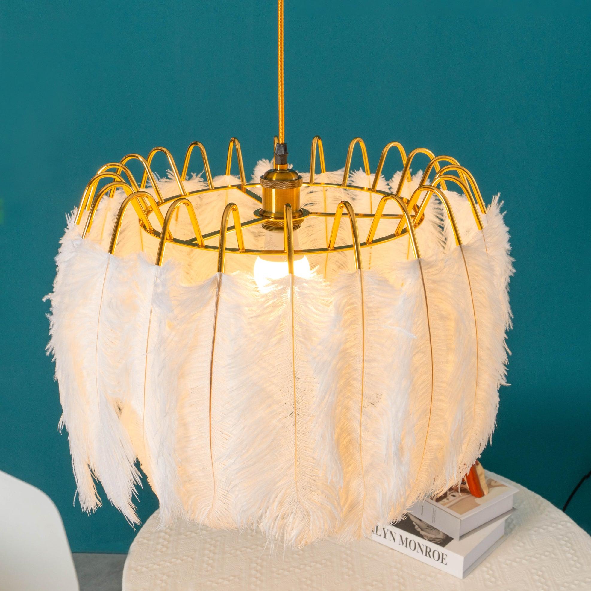 Elegant Modern Feather Pendant Light with Gold Metal Frame for Bedroom and Living Room