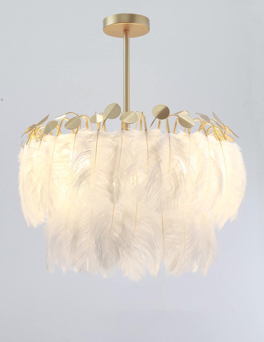 Elegant Modern Feather Pendant Light with Gold Metal Frame for Bedroom and Living Room