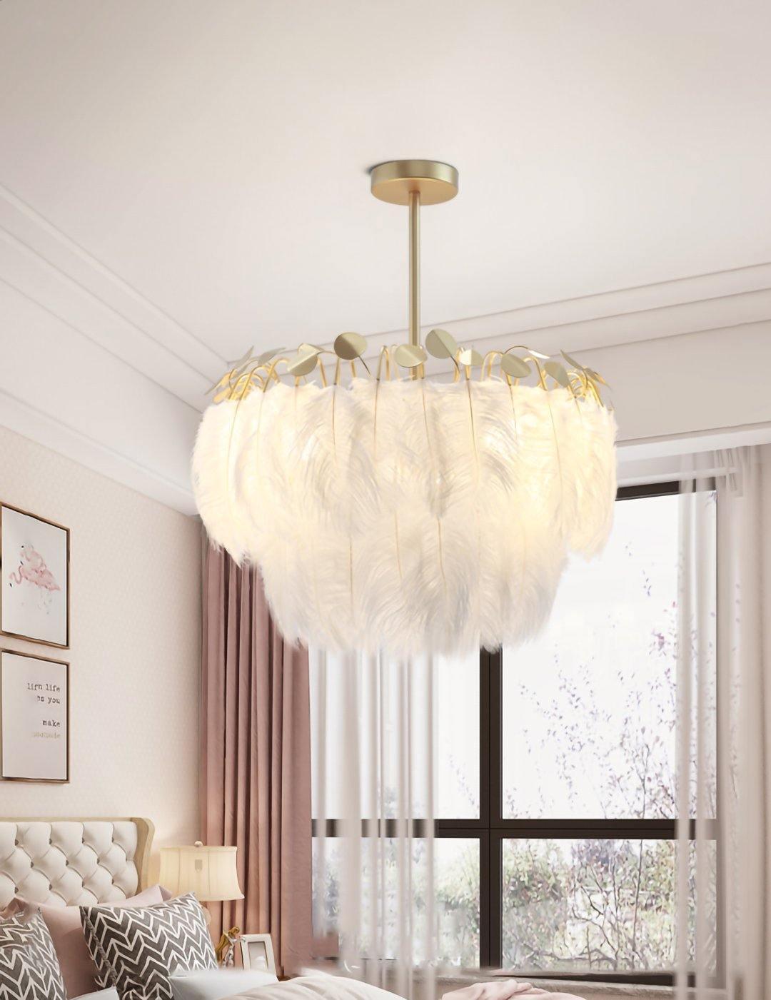 Elegant Modern Feather Pendant Light with Gold Metal Frame for Bedroom and Living Room