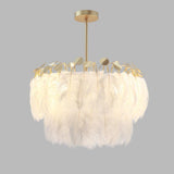 Elegant Modern Feather Pendant Light with Gold Metal Frame for Bedroom and Living Room