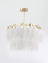 Elegant Modern Feather Pendant Light with Gold Metal Frame for Bedroom and Living Room