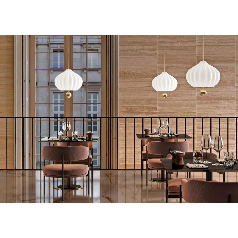 Elegant Mouth Blown Opal Glass Suspension Lamp with Satin Brass Accents