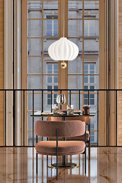 Elegant Mouth Blown Opal Glass Suspension Lamp with Satin Brass Accents