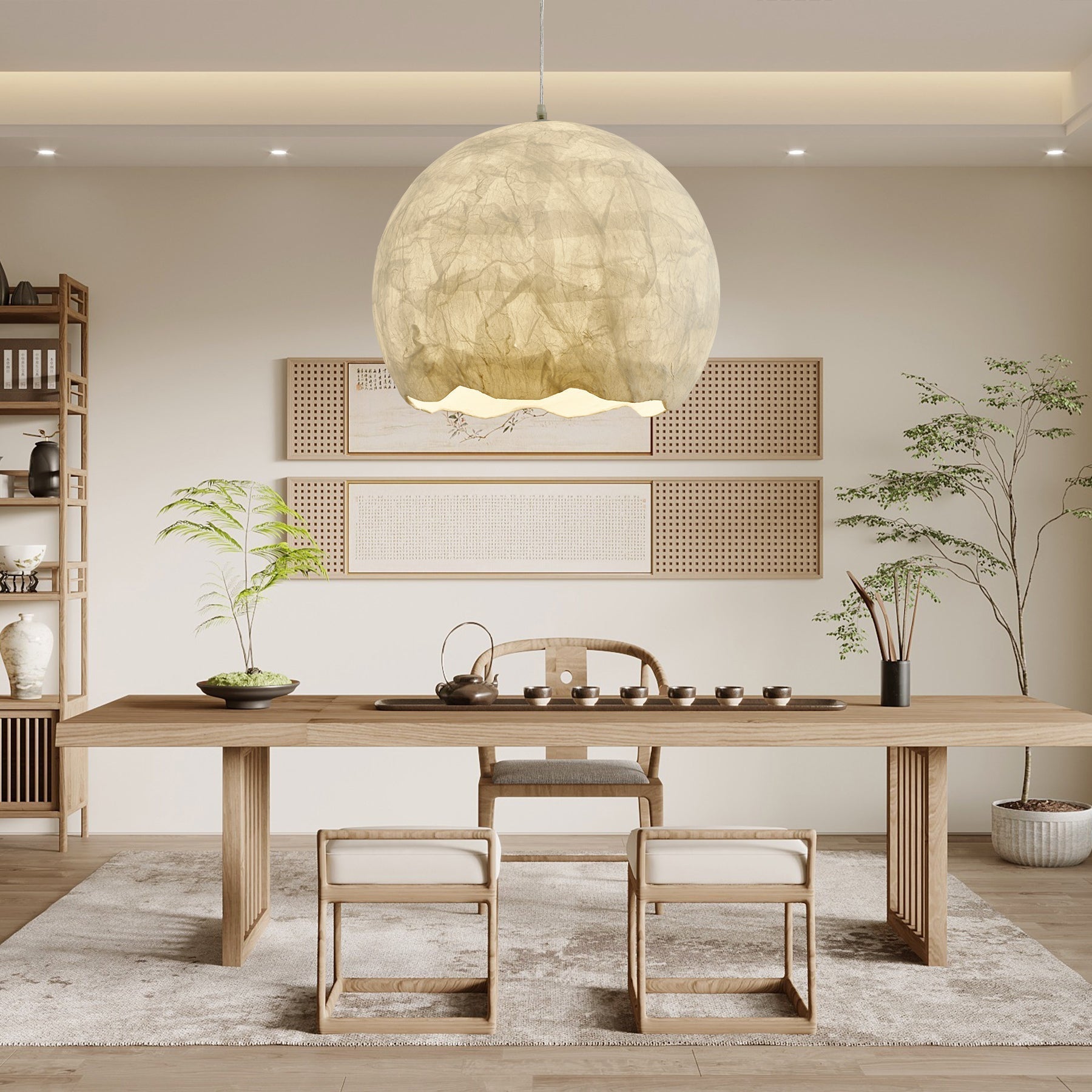 Elegant Mulberry Silk Moon Sphere Pendant Light Modern Indoor Hanging Lamp