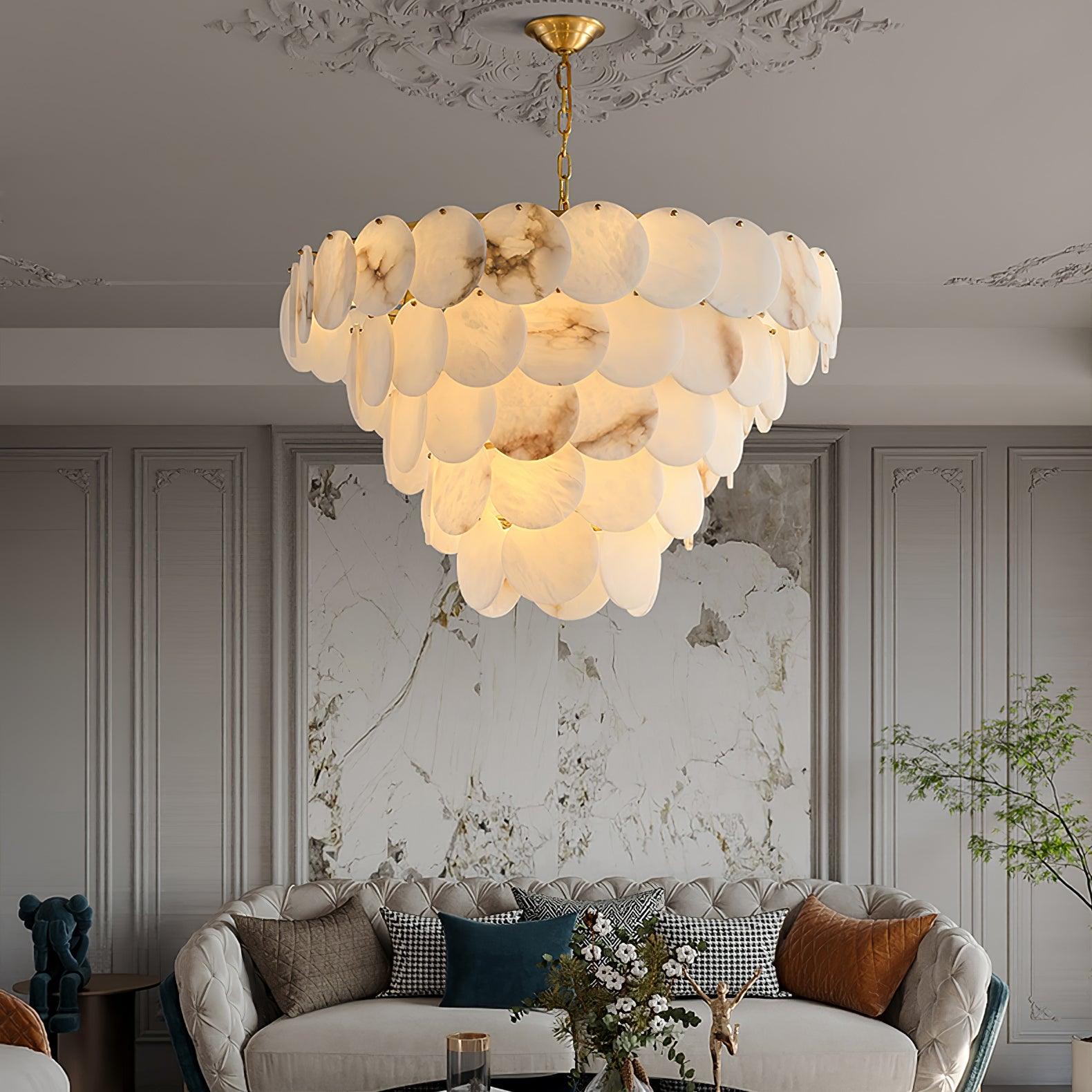 Elegant Natural Alabaster Shell Crown Chandelier Brass Multi Tier Luxury Pendant Light