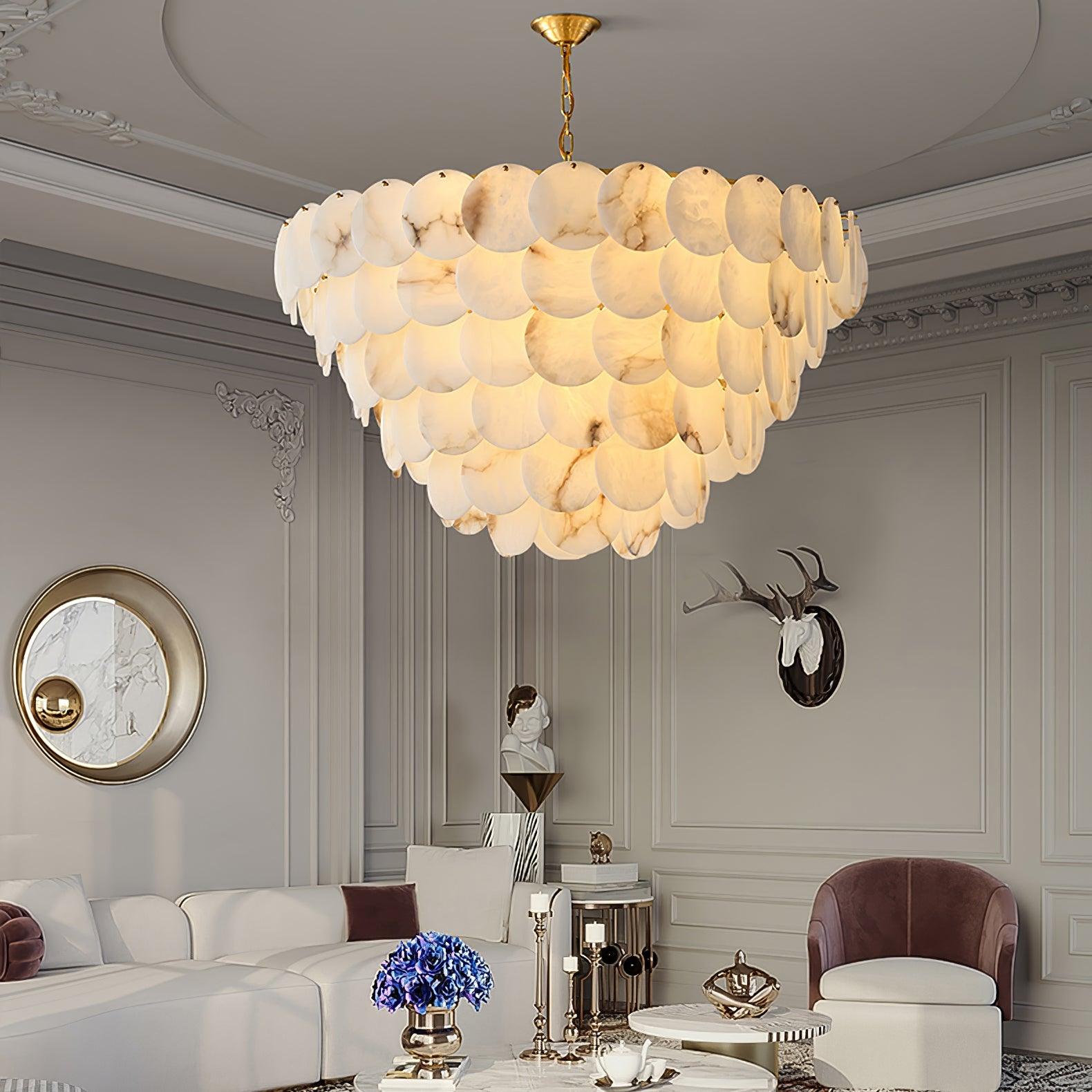 Elegant Natural Alabaster Shell Crown Chandelier Brass Multi Tier Luxury Pendant Light