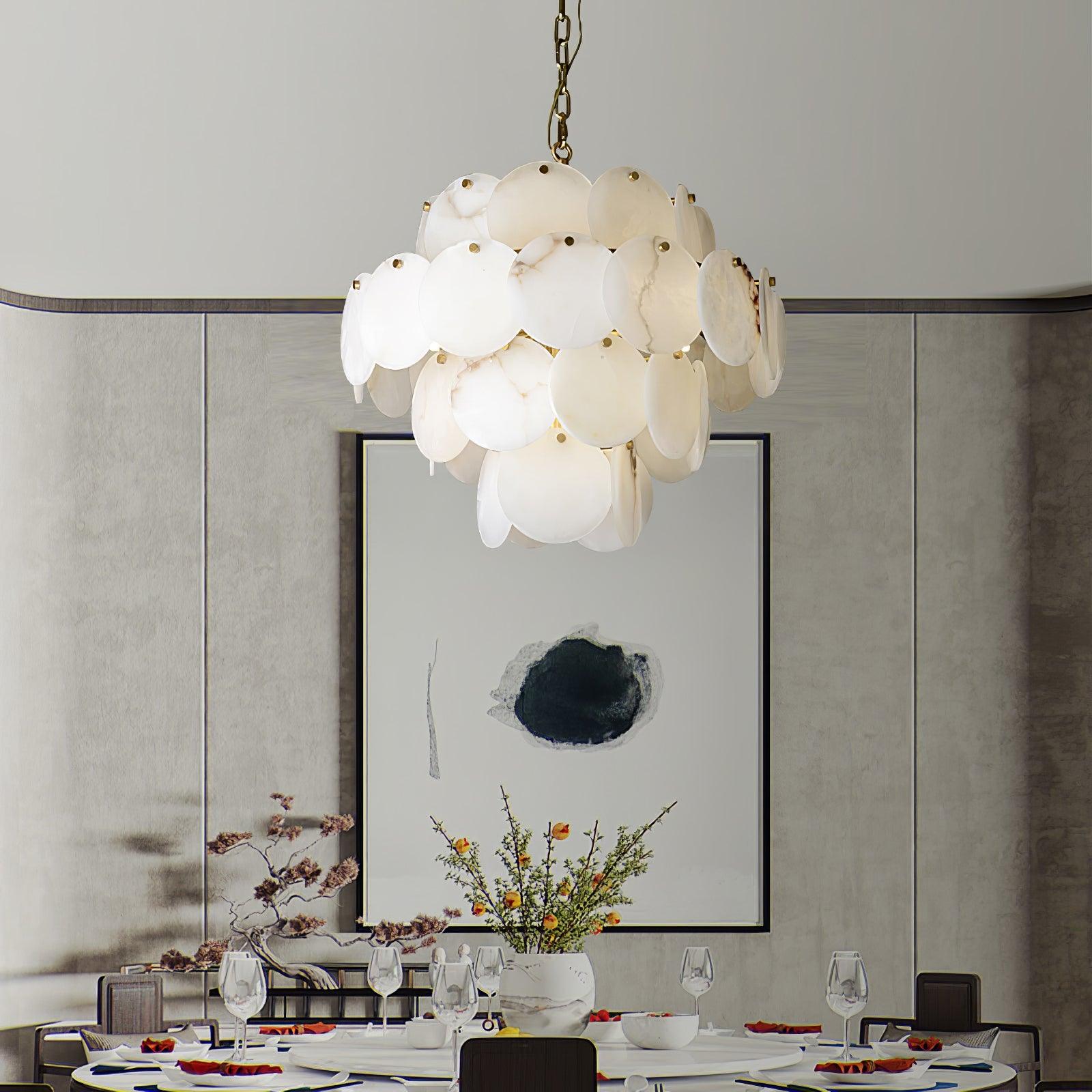Elegant Natural Alabaster Shell Crown Chandelier Brass Multi Tier Luxury Pendant Light