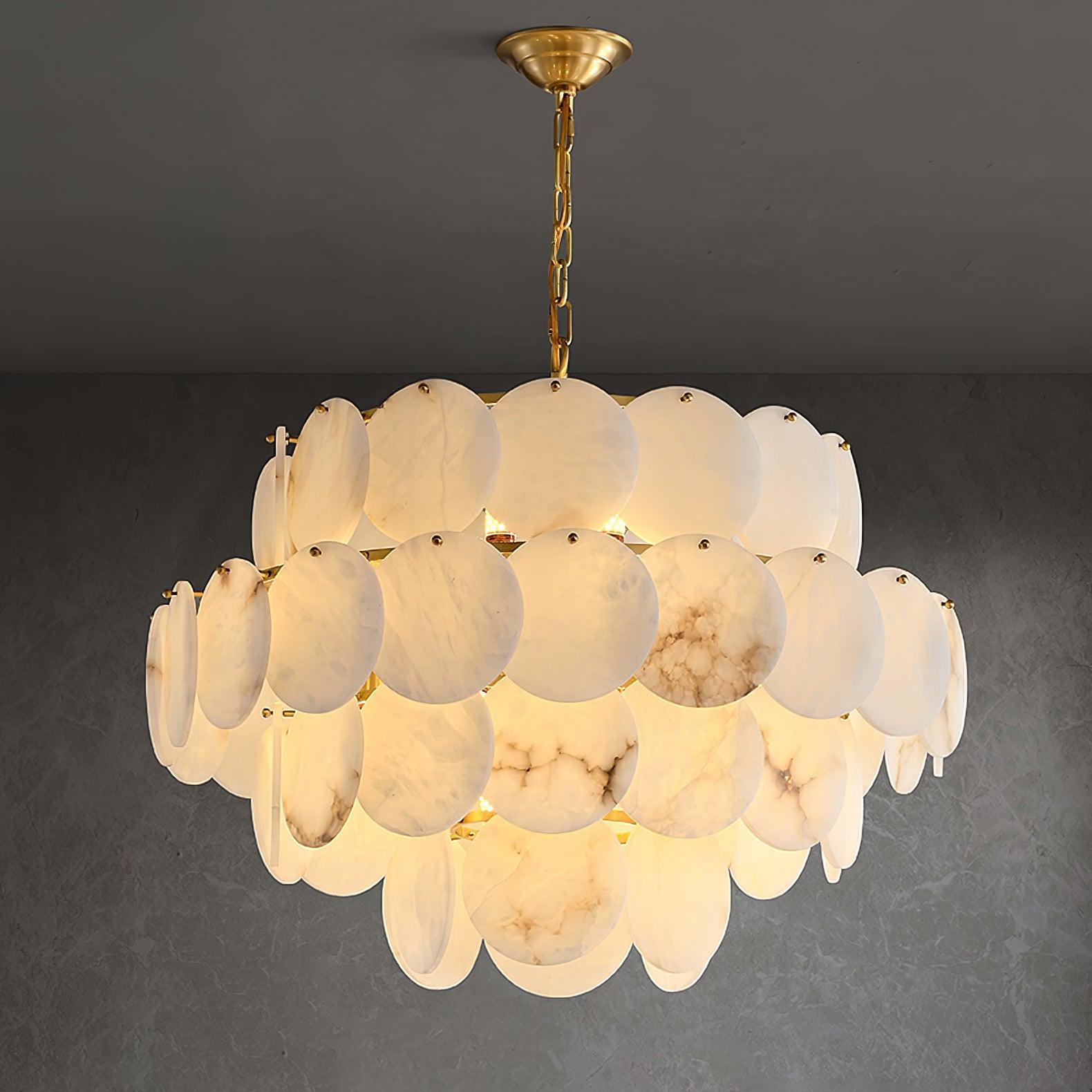 Elegant Natural Alabaster Shell Crown Chandelier Brass Multi Tier Luxury Pendant Light