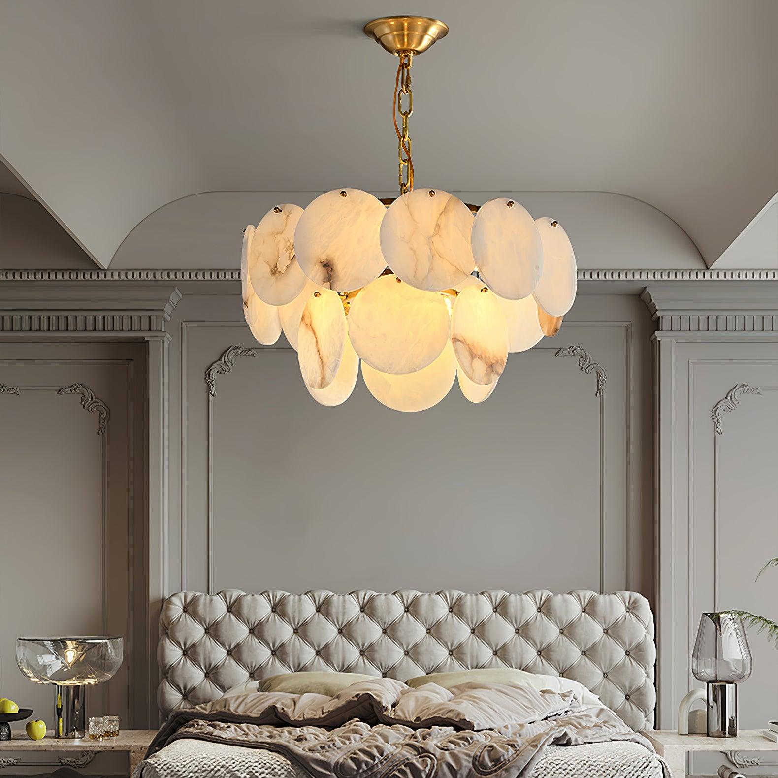 Elegant Natural Alabaster Shell Crown Chandelier Brass Multi Tier Luxury Pendant Light