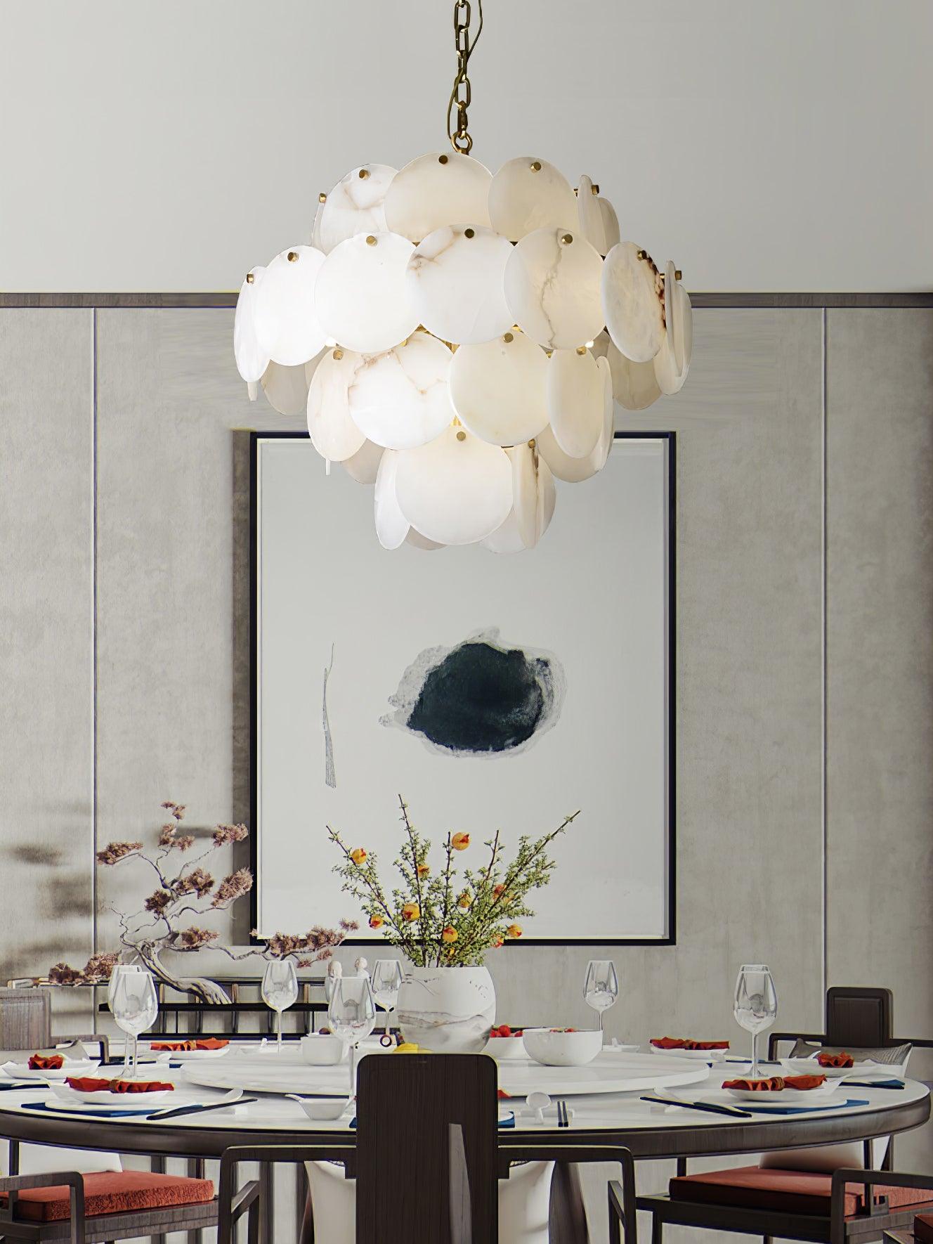 Elegant Natural Alabaster Shell Crown Chandelier Brass Multi Tier Luxury Pendant Light