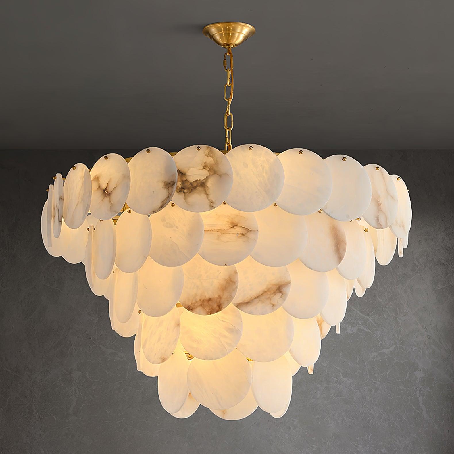 Elegant Natural Alabaster Shell Crown Chandelier Brass Multi Tier Luxury Pendant Light