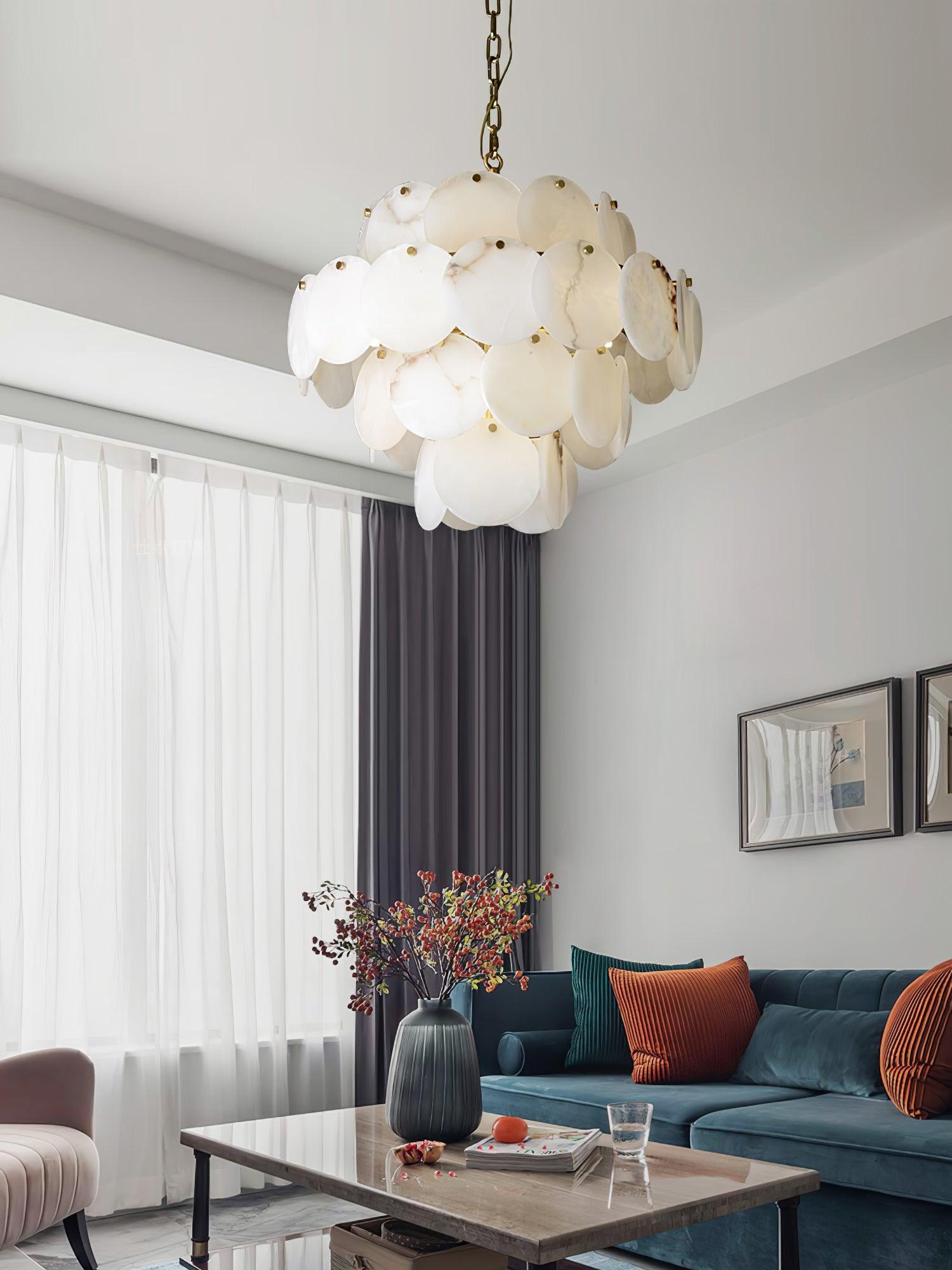 Elegant Natural Alabaster Shell Crown Chandelier Brass Multi Tier Luxury Pendant Light