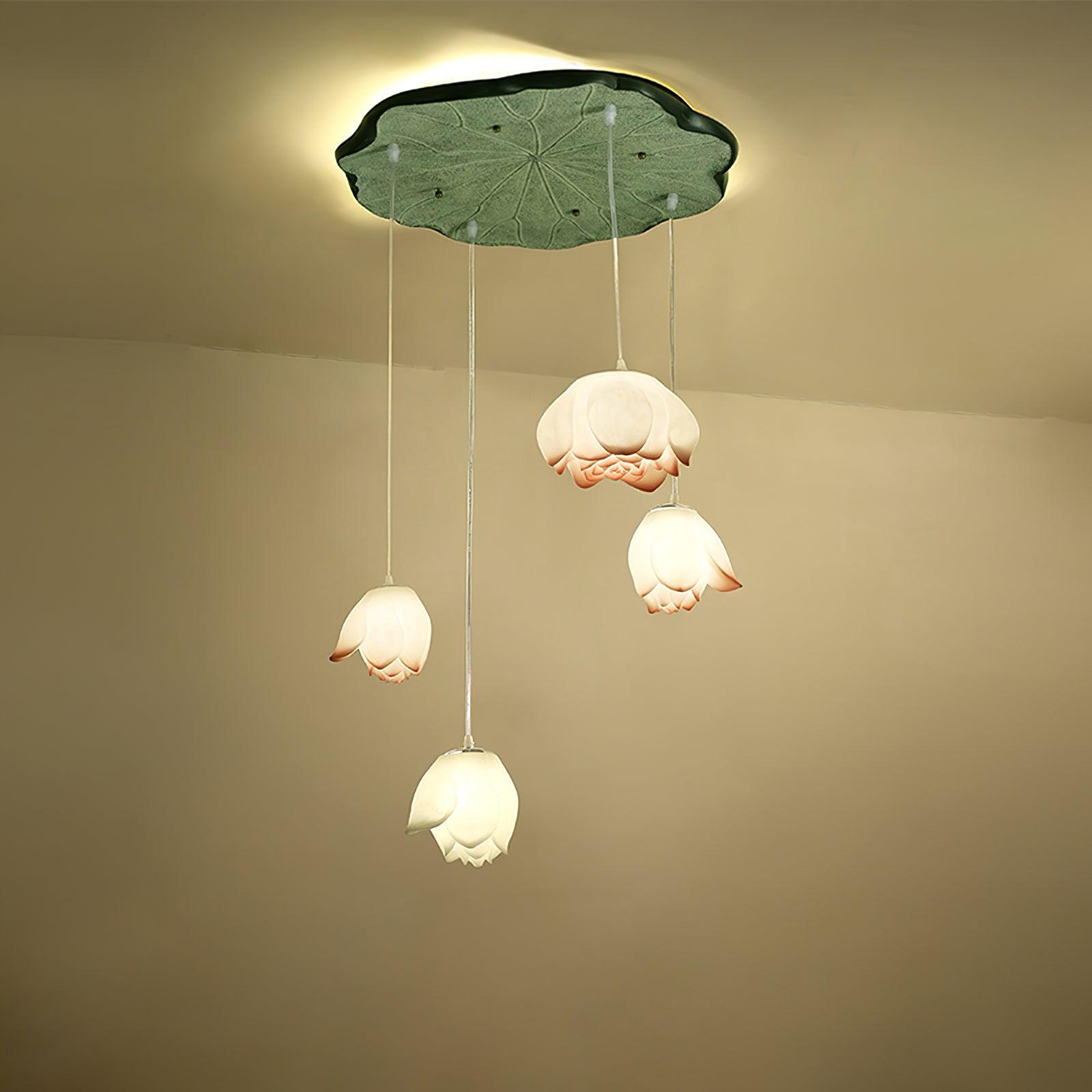 Elegant Pink and White Lotus Crown Floral Chandelier for Modern Living Spaces and Bedrooms
