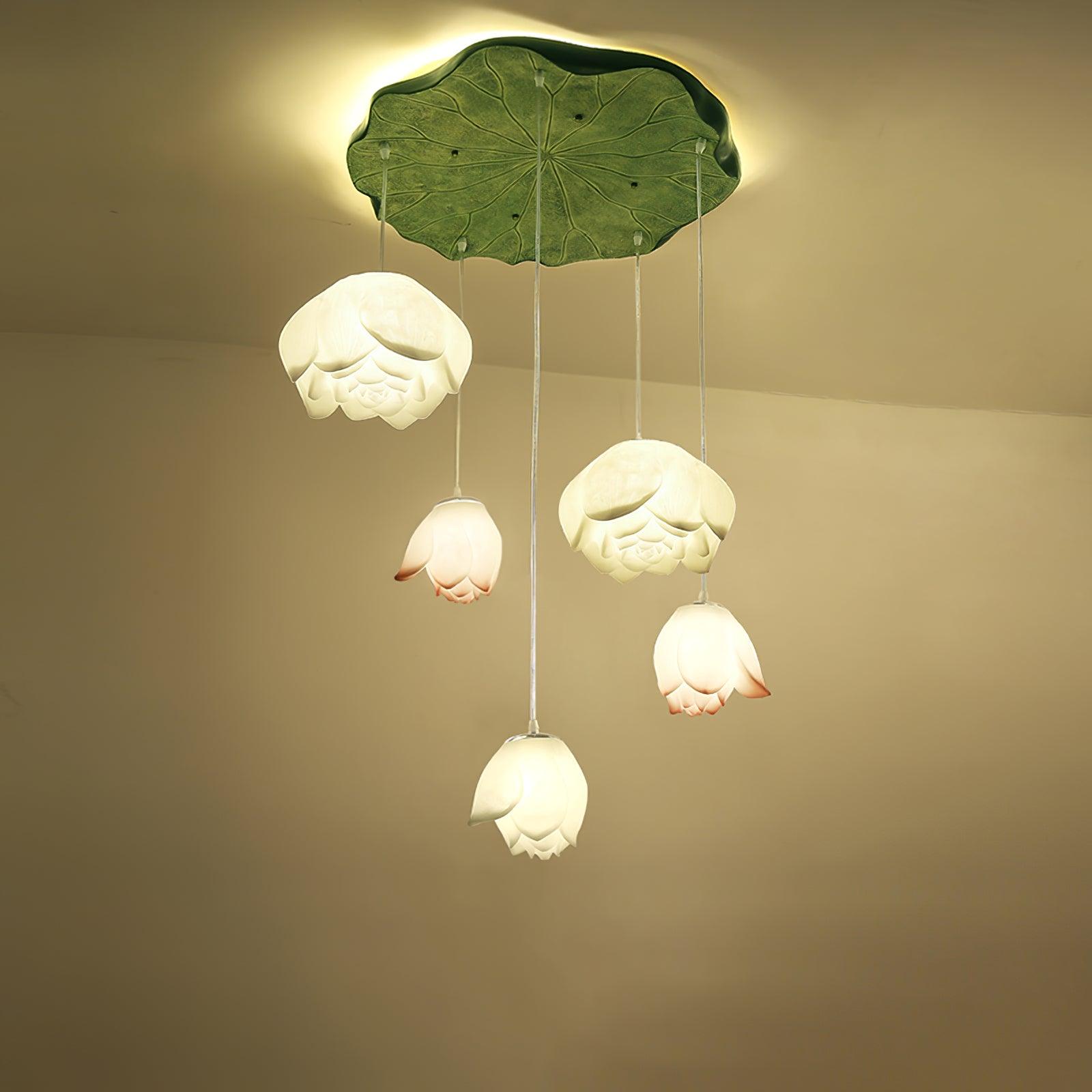 Elegant Pink and White Lotus Crown Floral Chandelier for Modern Living Spaces and Bedrooms