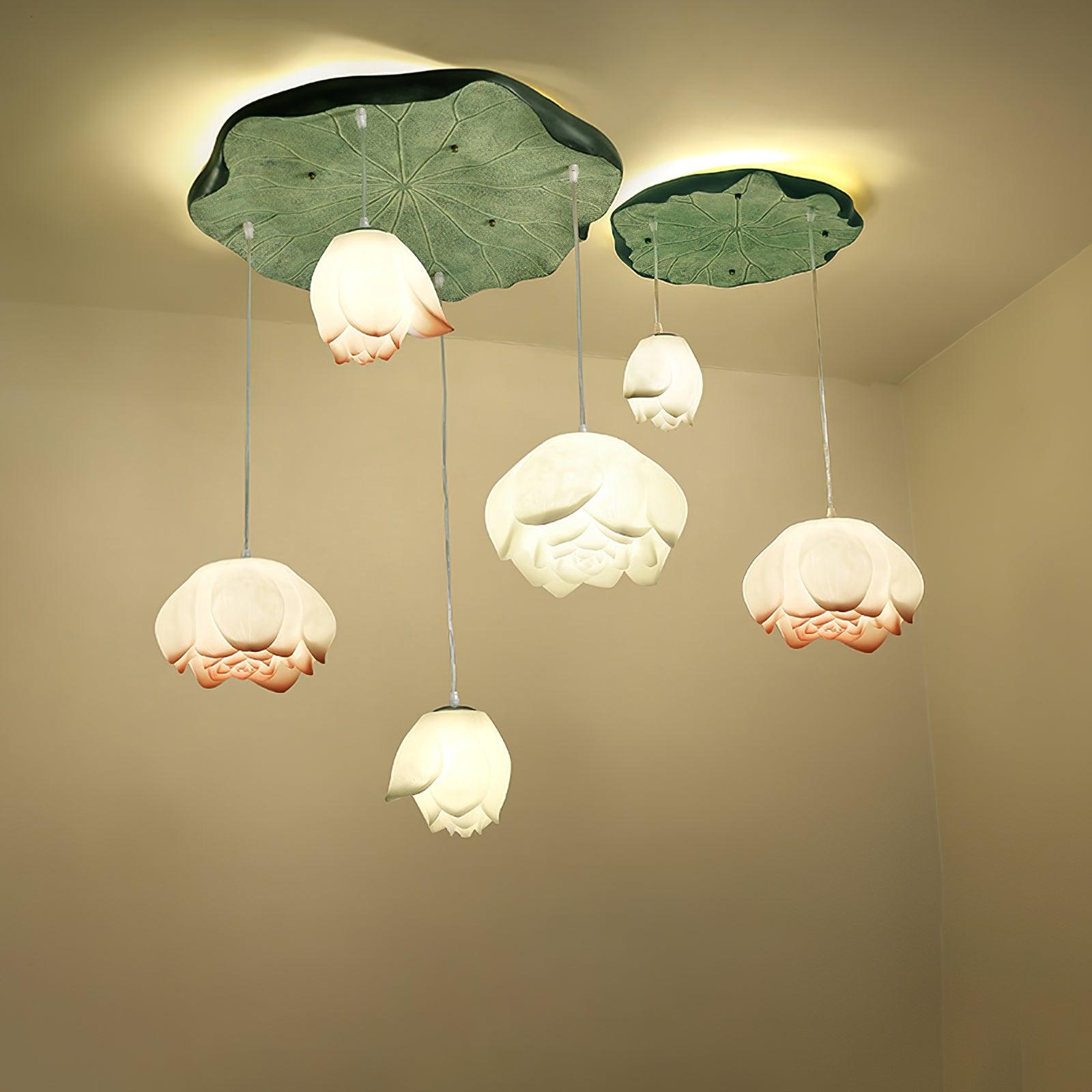 Elegant Pink and White Lotus Crown Floral Chandelier for Modern Living Spaces and Bedrooms