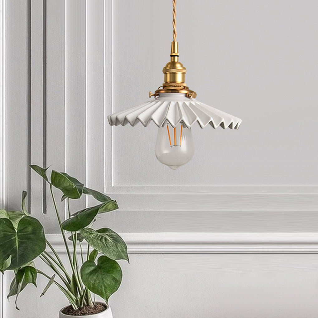 Elegant Pleated Ceramic LED Pendant Lighting Vintage Brass Hanging Light for Dining Table and Bedroom