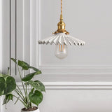 Elegant Pleated Ceramic LED Pendant Lighting Vintage Brass Hanging Light for Dining Table and Bedroom