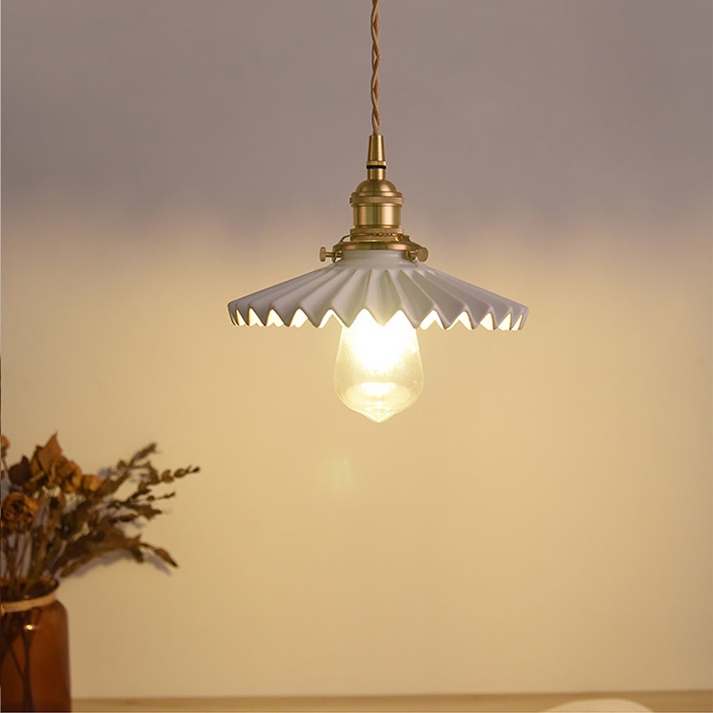 Elegant Pleated Ceramic LED Pendant Lighting Vintage Brass Hanging Light for Dining Table and Bedroom