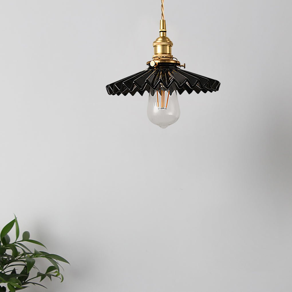 Elegant Pleated Ceramic LED Pendant Lighting Vintage Brass Hanging Light for Dining Table and Bedroom