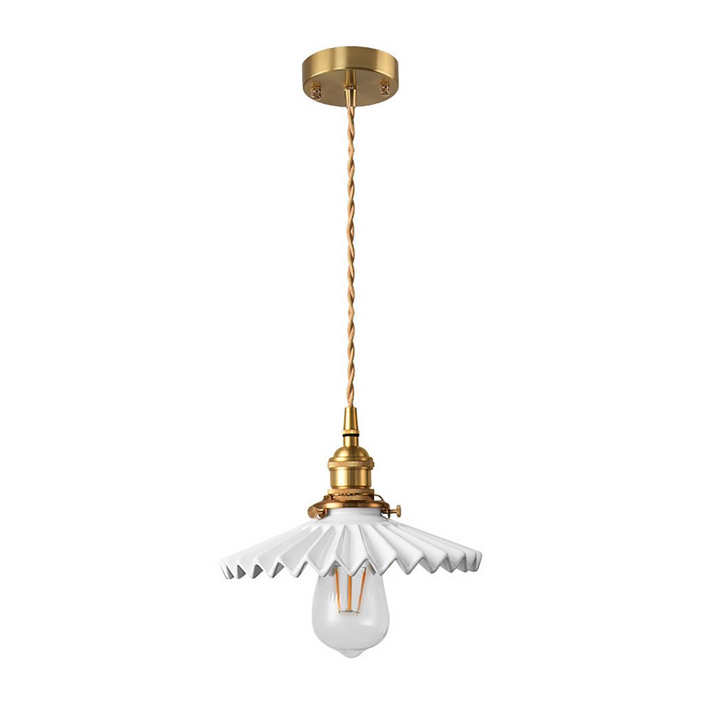 Elegant Pleated Ceramic LED Pendant Lighting Vintage Brass Hanging Light for Dining Table and Bedroom