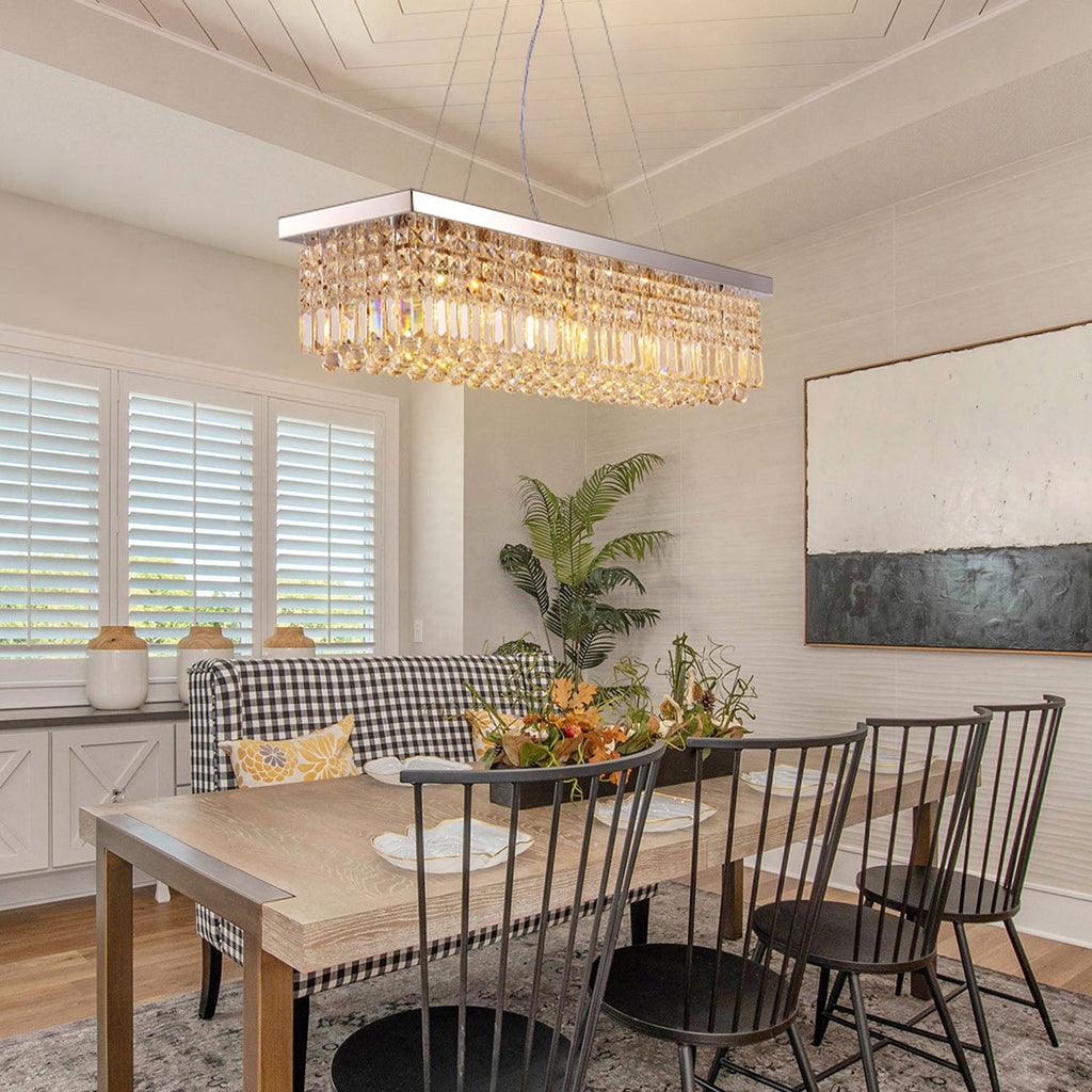 Elegant Rectangular K9 Crystal Raindrop Chandelier Chrome Pendant Light for Dining Areas