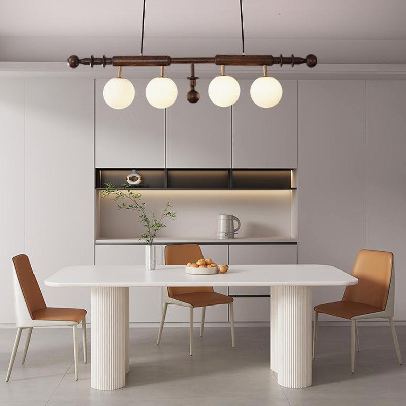 Elegant Roman Column Crown Chandelier in Walnut Wood and White Glass for Dining Room
